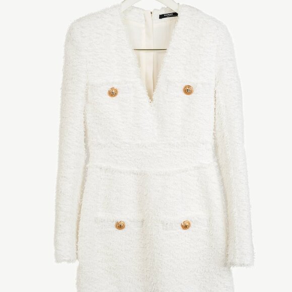 Balmain White Tweed Button-Embellished Long-Sleeve Mini Dress - Picture 2 of 13